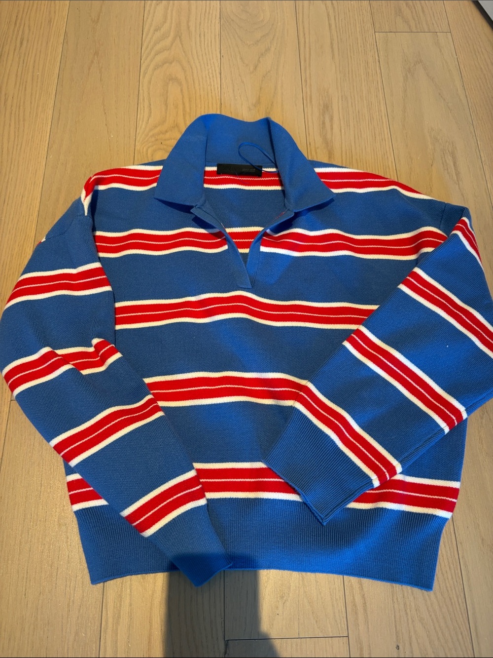Zara Blue Striped Polo Sweater with Red and White Bands